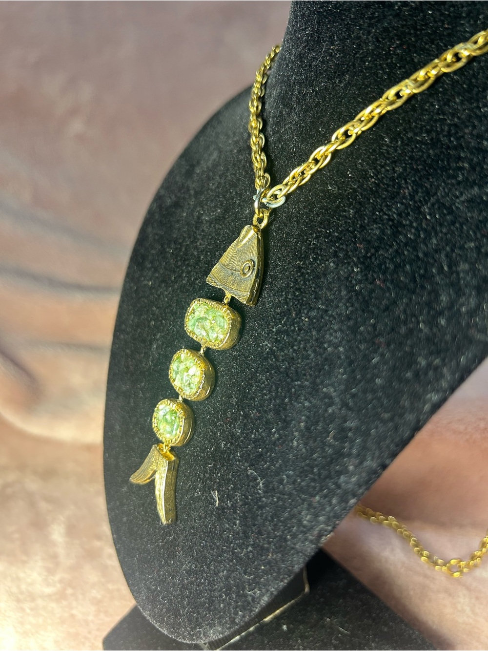 Gold Fishbone Pendant Necklace with Green Opal Accents by